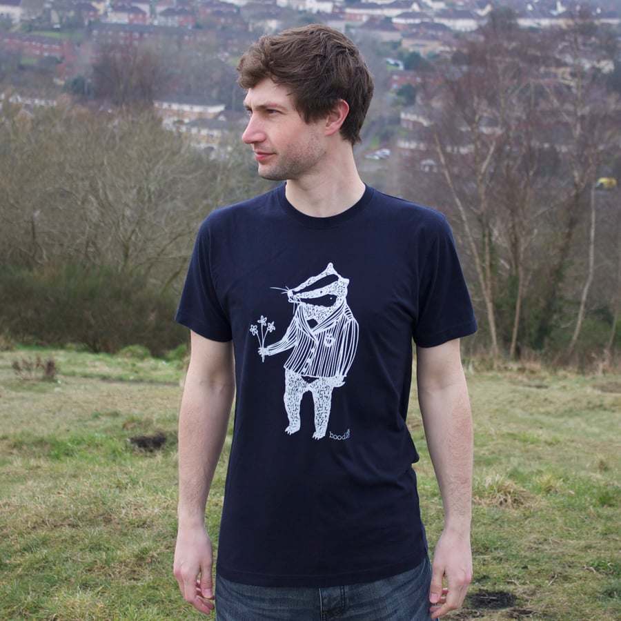  Mens Organic tee, hand screen printed with eco-friendly inks. Bob the Badger 
