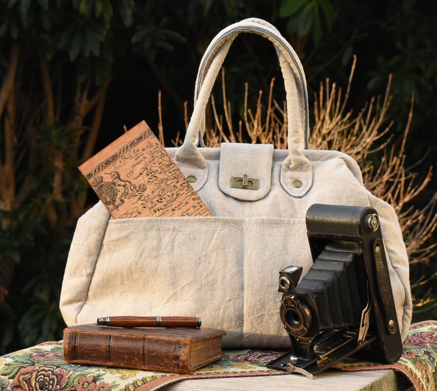 Handmade Eco Linen Natural Taupe Colour 'Time Traveller' Gladstone Companion Bag