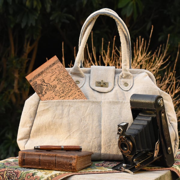 Handmade Eco Linen Natural Taupe Colour 'Time Traveller' Gladstone Companion Bag