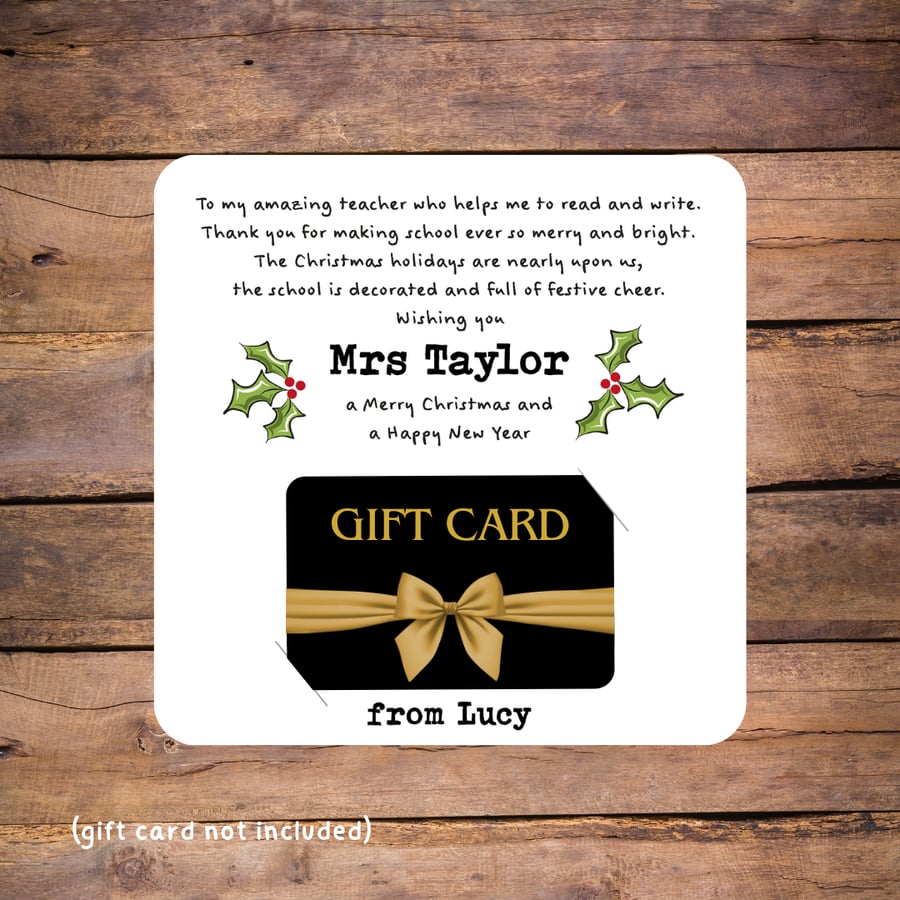Teacher Christmas Thank You Gift Card Holder, personalised 