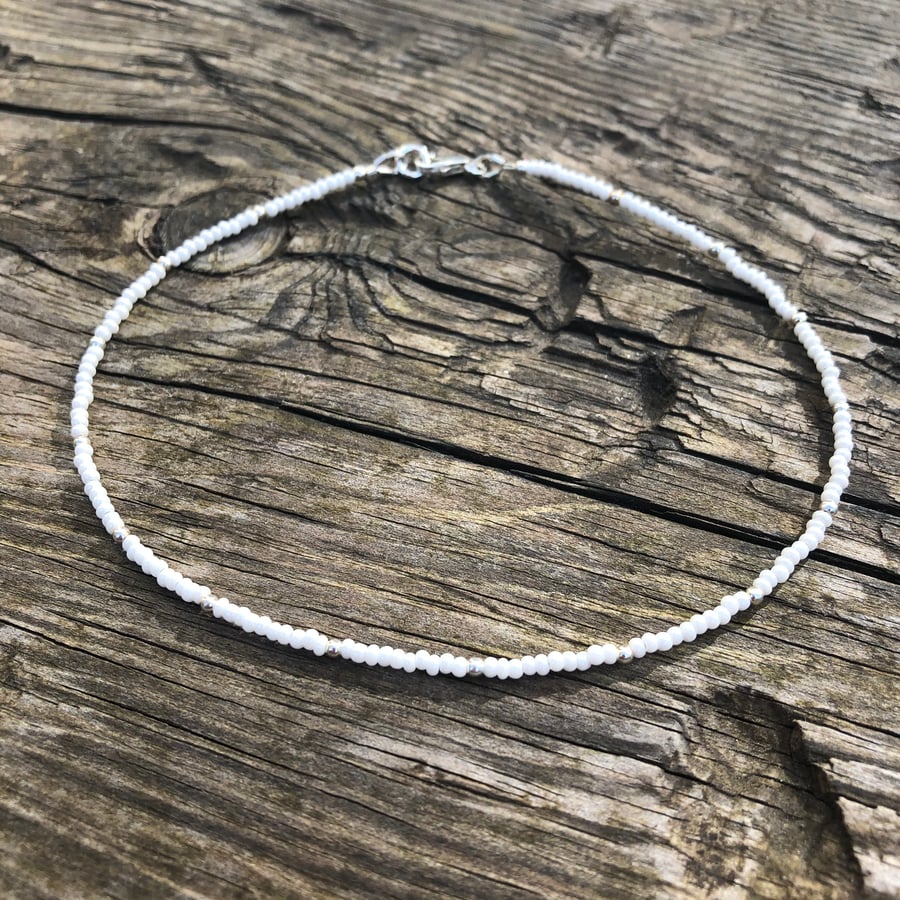 White seed bead & sterling silver anklet 