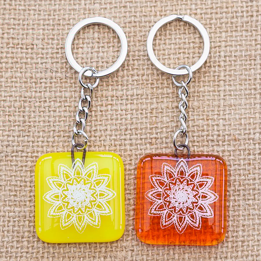 Mandala Fused Glass Keyrings Keychains Screen-printed Enamel Design Four