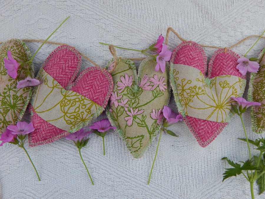 Pink and Green wild flower hearts- 52cm - Bunting, wall hanging