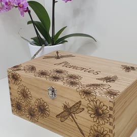 Wooden memory box, pyrography bees, daisies and dragonflies memorial box