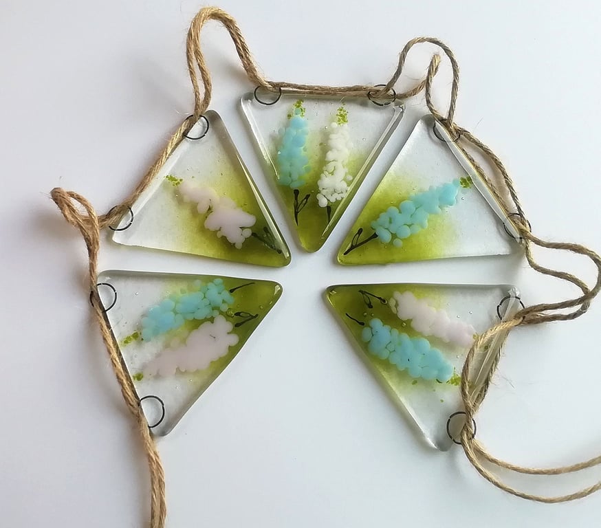 Delphinium bunting, fused glass floral bunting, patio decoration, window glass a