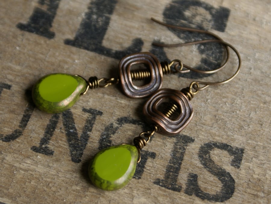 Olive Green Czech Glass Drop Earrings