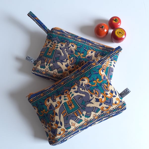 Make up or toiletries bag upcycled in a blue green Indian elephant print fabric 