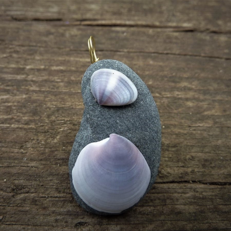 Pendant, purple ombre sea shells and grey beach stone