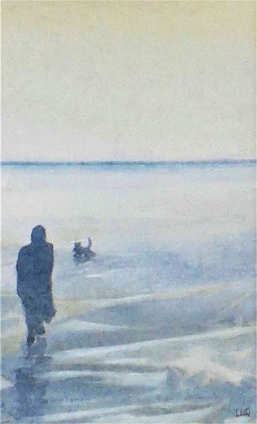 Early morning walk at the beach dog walking walkies watercolour