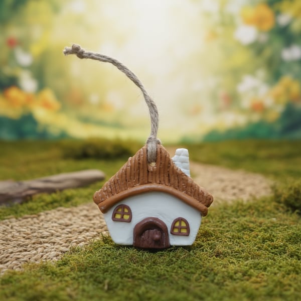 Handmade Clay Whimsical Storybook Cottage Hanging Ornament