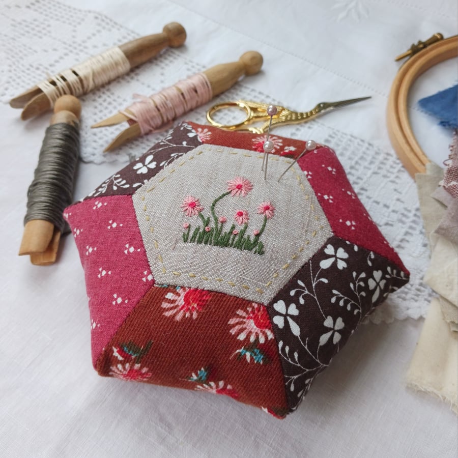 Hand embroidered vintage Laura Ashley fabric Patchwork Hexagon Pin Cushion
