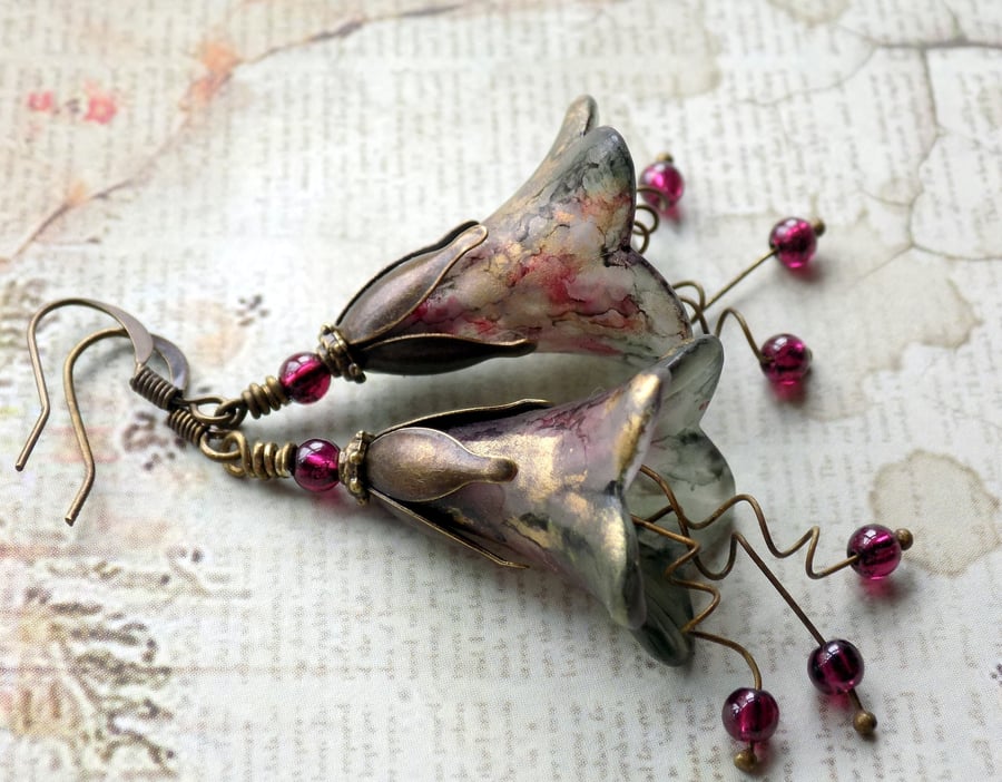 Red Grey Green Gold "Illusion of Time" Hand Painted Lucite Flower Earrings