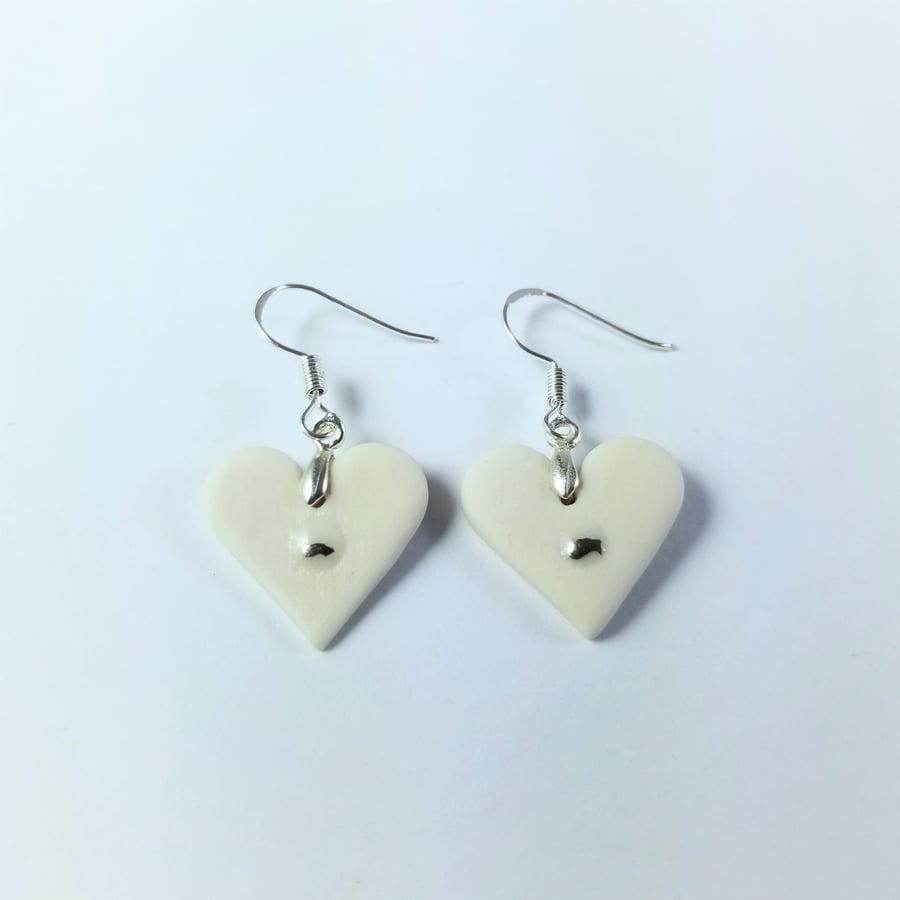 Stud or Drop Earrings White Porcelain Hearts Large Free UK Postage