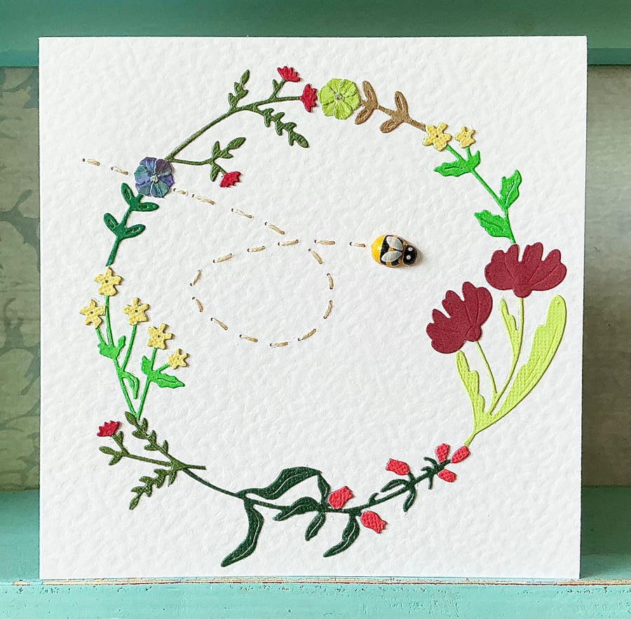 Mothers Day Card. Flower Card. Blank Card. Hand Stitched Card. Bee Card. Cards.