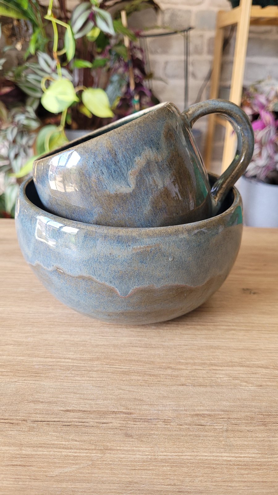 Blue Breakfast Set including Mug and Bowl with Printed Feather Pattern Handmade 