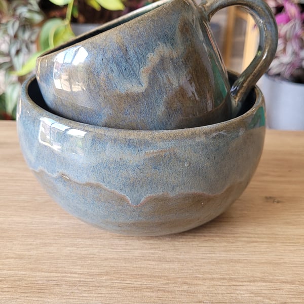 Blue Breakfast Set including Mug and Bowl with Printed Feather Pattern Handmade 