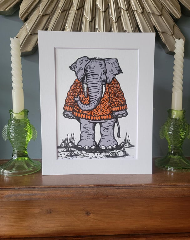 Elephant wearing a jumper - original handmade linocut art animal print