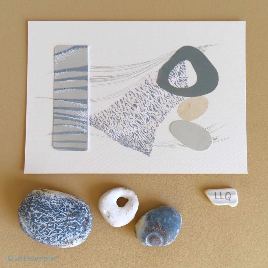 Original collage and mixed media abstract pebbles on the shore