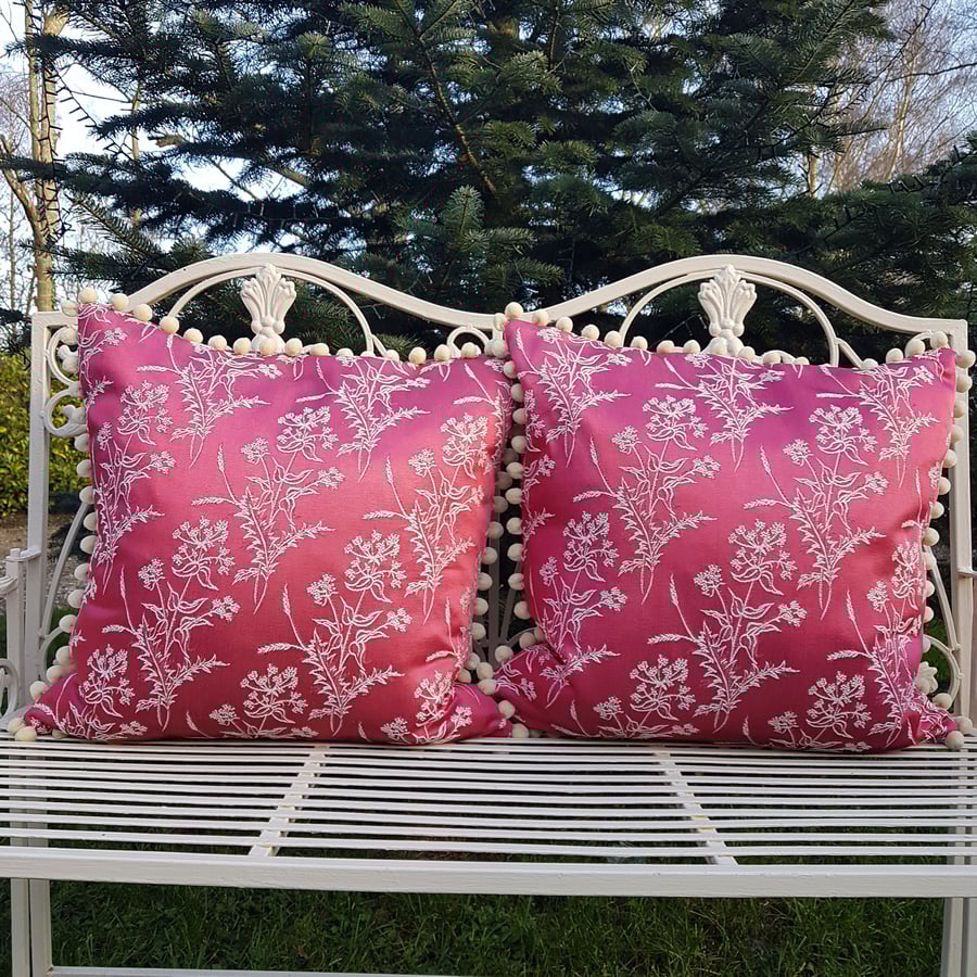 Raspberry pink luxurious brocade floral cushion cover pom trim