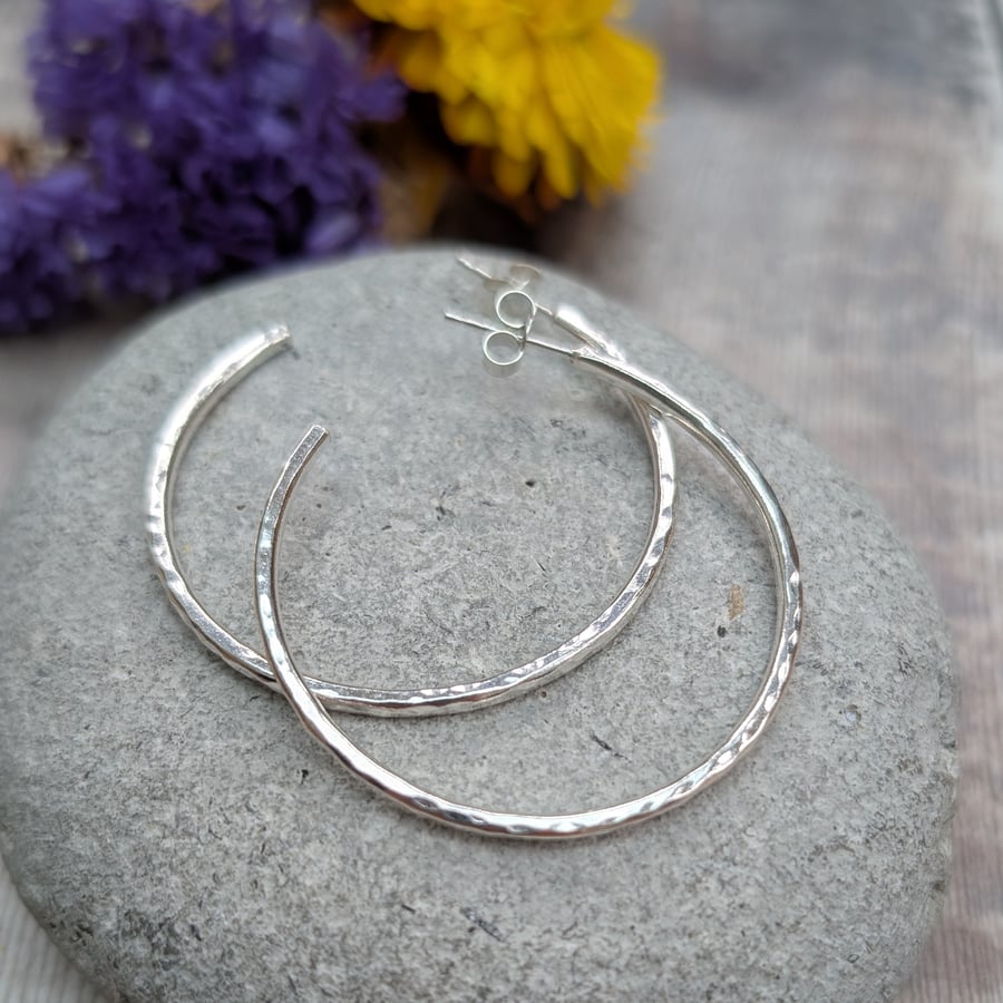 Sterling Silver Hammered Hoop Earrings - Large Size - JBJ1019
