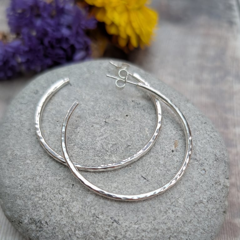 Sterling Silver Hammered Hoop Earrings - Large Size - JBJ1019