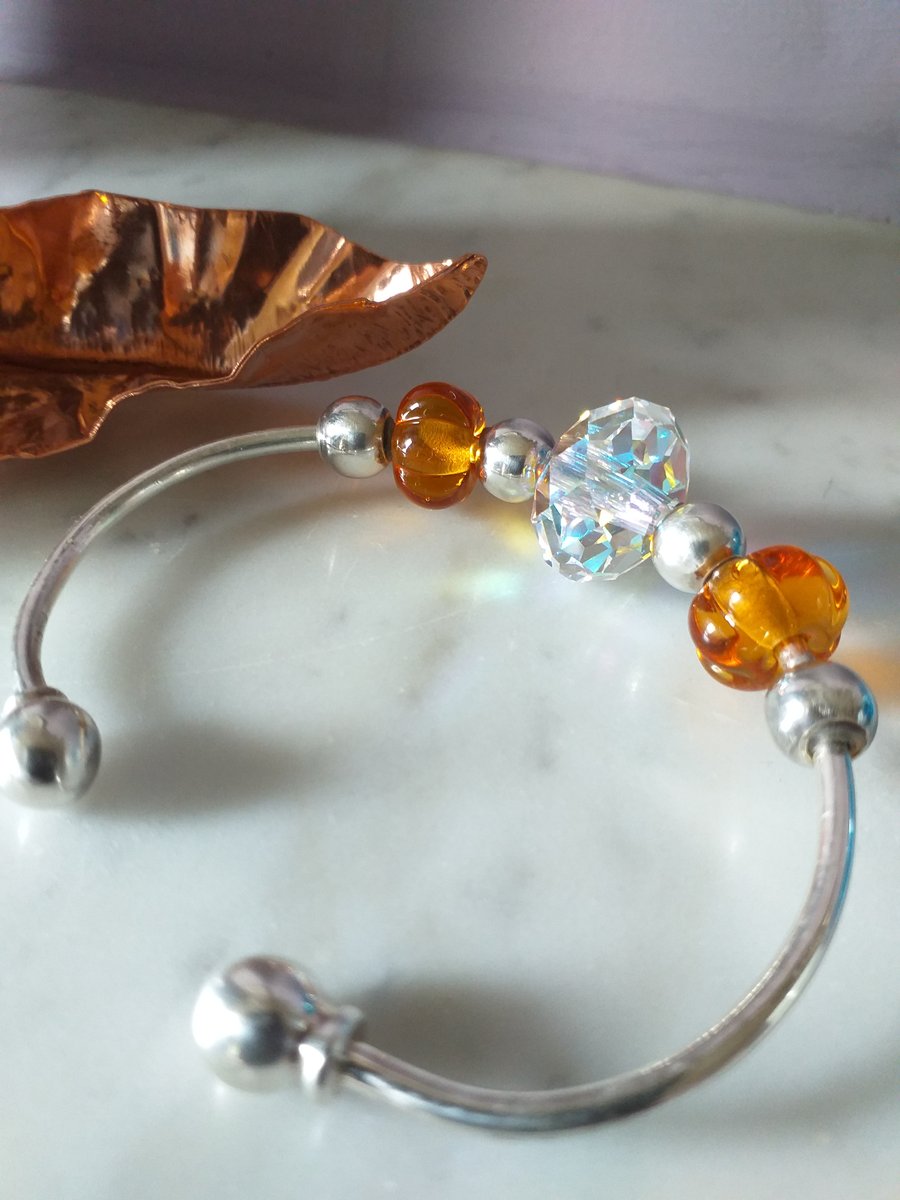 AMBER COLOUR BEADS AND SWAROVSKI BANGLE - FREE UK POSTAGE