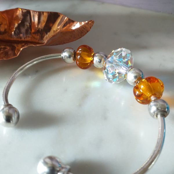 AMBER COLOUR BEADS AND SWAROVSKI BANGLE - FREE UK POSTAGE