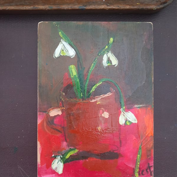 Snowdrop still life painting on reclaimed wood