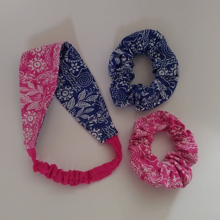 Reversible Headband and Scrunchie Set in Blue and Pink Floral Fabric