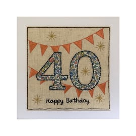 40th Birthday Card, Liberty Floral Card, Liberty Birthday Card, 40 Bunting Card