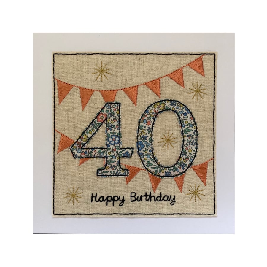 40th Birthday Card, Liberty Floral Card, Liberty Birthday Card, 40 Bunting Card
