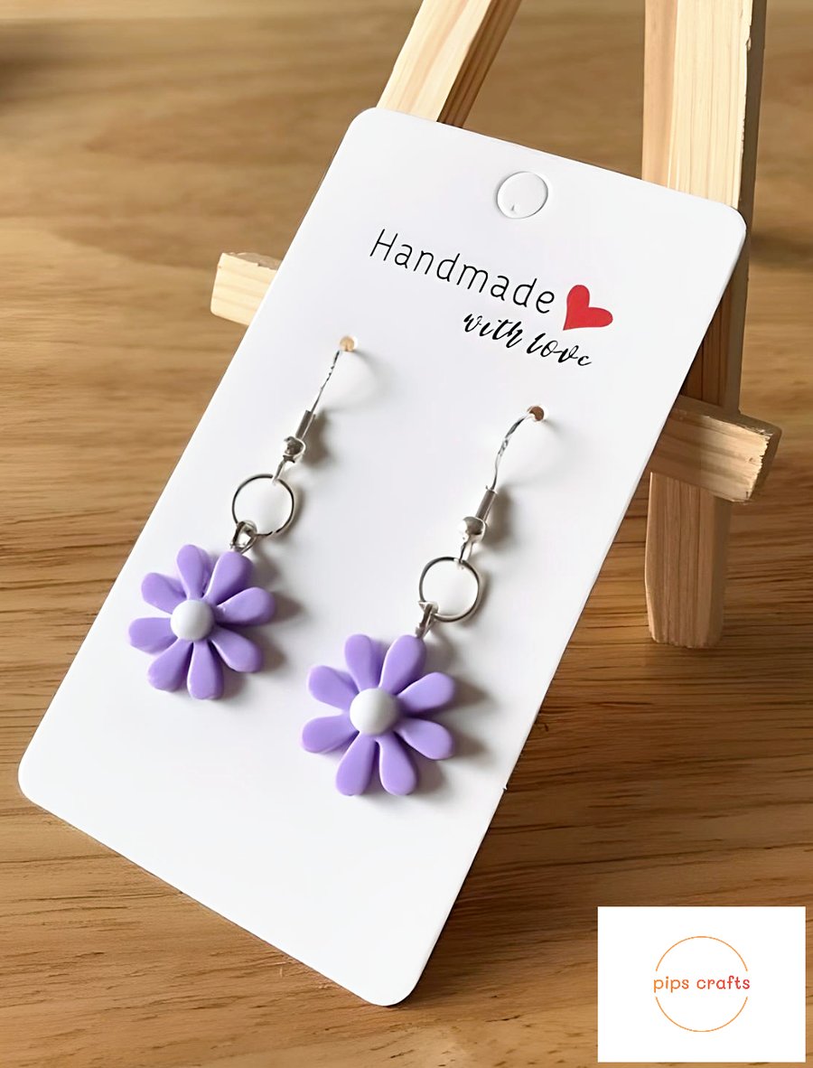 Cute Daisy Earrings Lilac & White, 925 Silver Hooks, Flower Jewellery