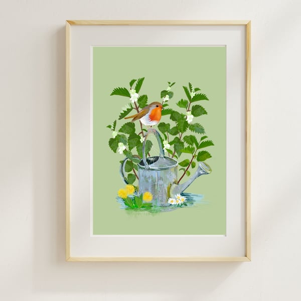 Bird Art Print - Mounted art The Nettle Patch Robin
