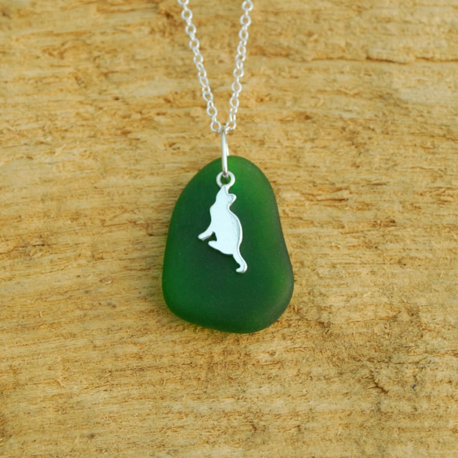 Green beach glass pendant with cat charm