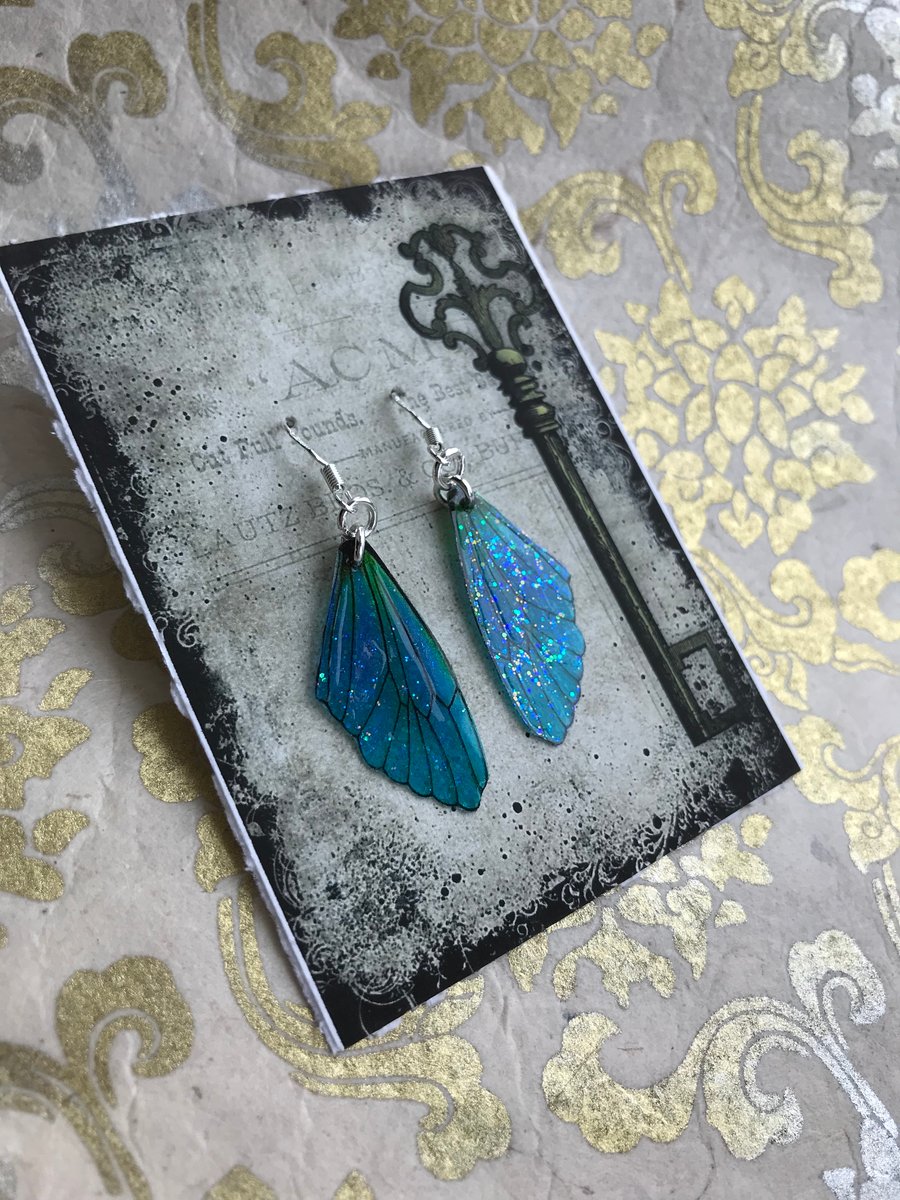 Blue and Green Fairy Wing Earrings Sterling Silver