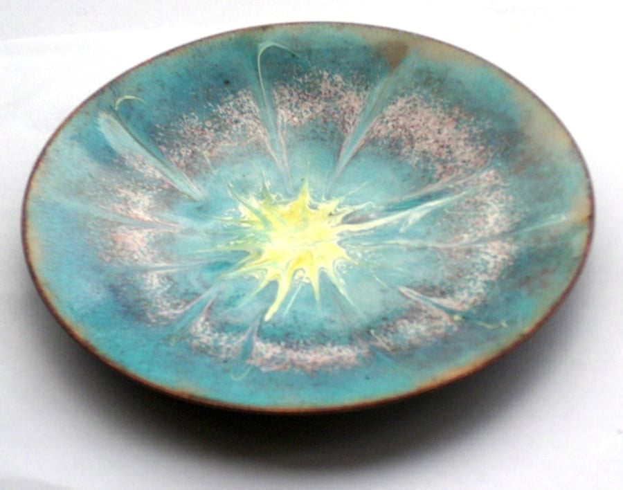 enamel dish - scrolled gold, white and mauve over pale turquoise