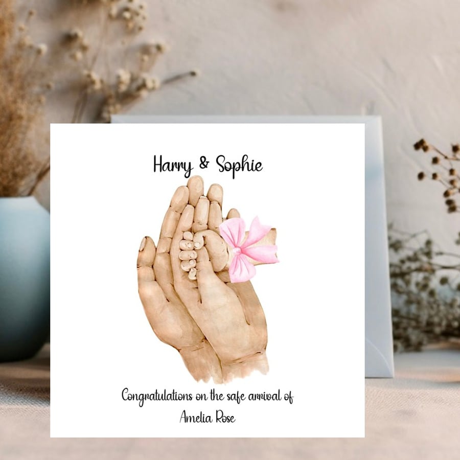Personalised New Baby Card,  New Baby Girl Card - Adult and Baby hands