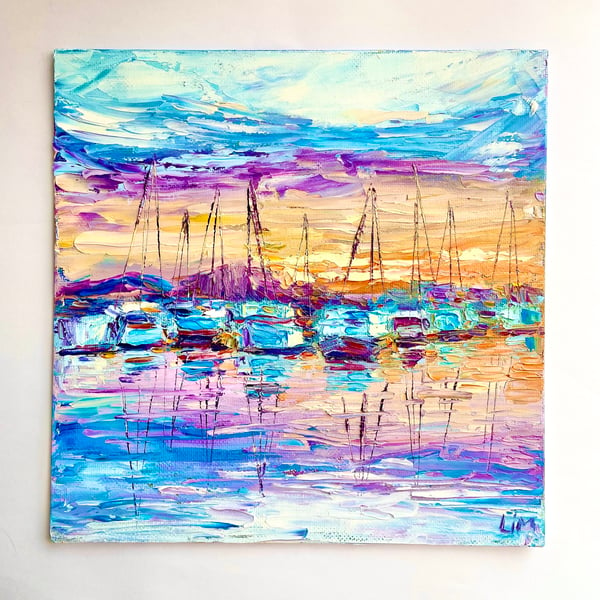 Boat Painting Sailboat Impasto Original Artwork Ocean Sunset Art Small Blue Oil 