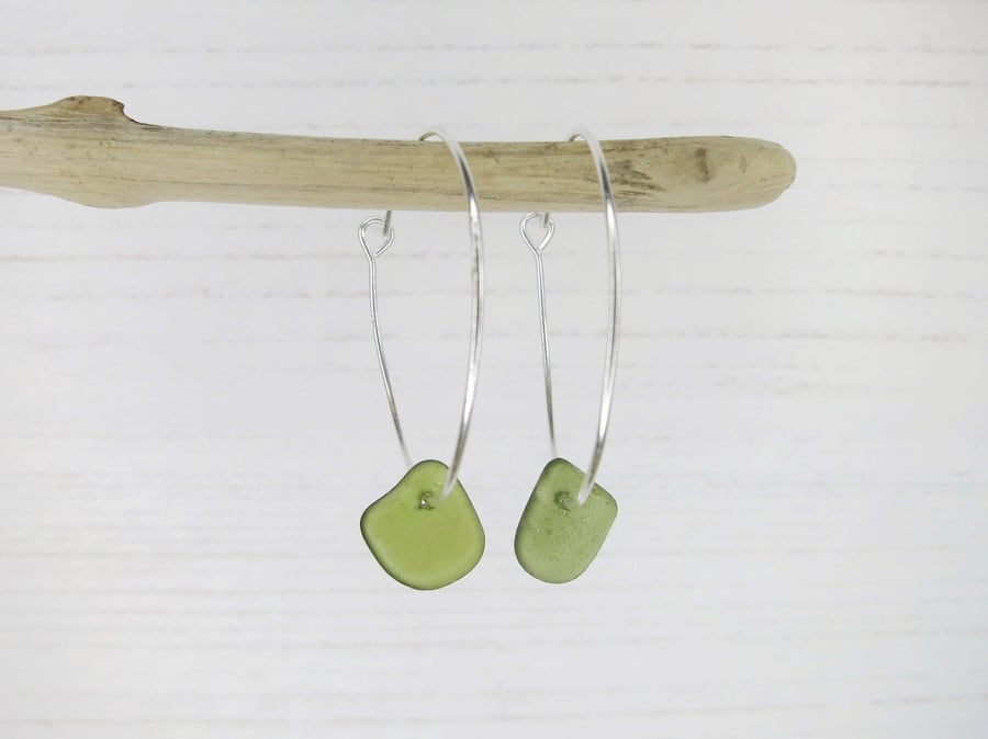 Cornish Sea Glass on 30mm Hoop Earrings - Olive Green