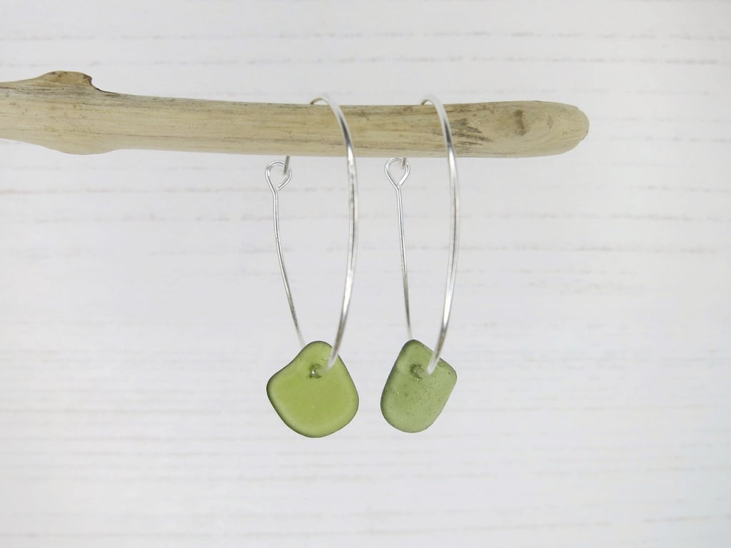 Cornish Sea Glass on 30mm Hoop Earrings - Olive Green