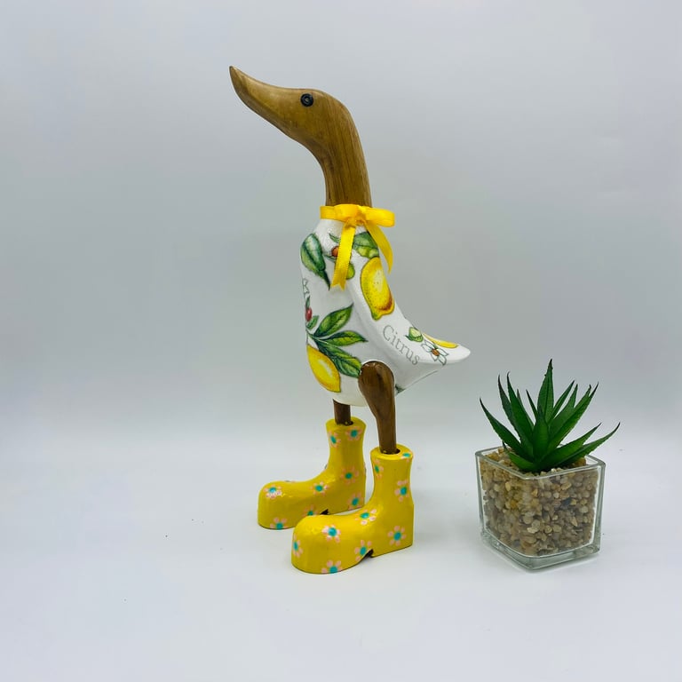 Wooden duck in wellies, bamboo duck, Lemon yellow design