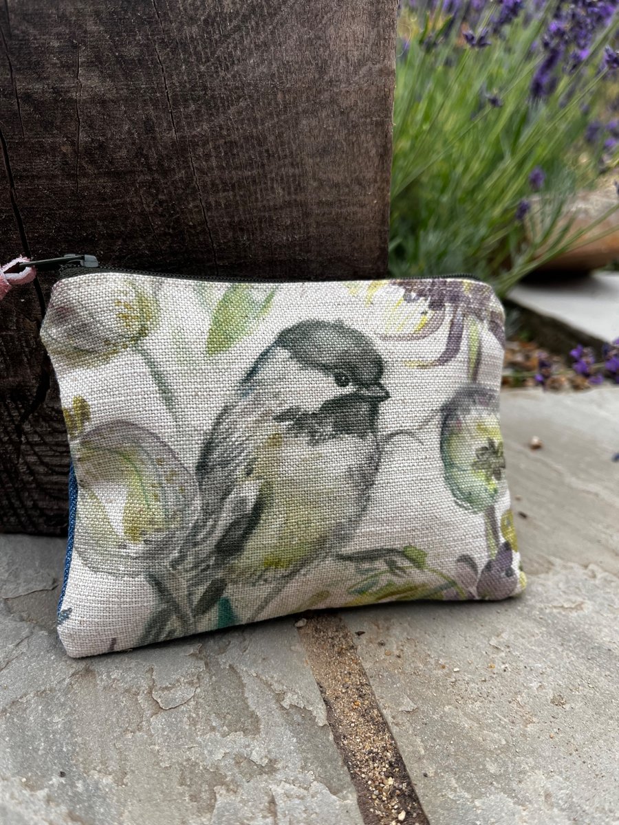 Great Tit cotton coin purse zip pouch with denim back