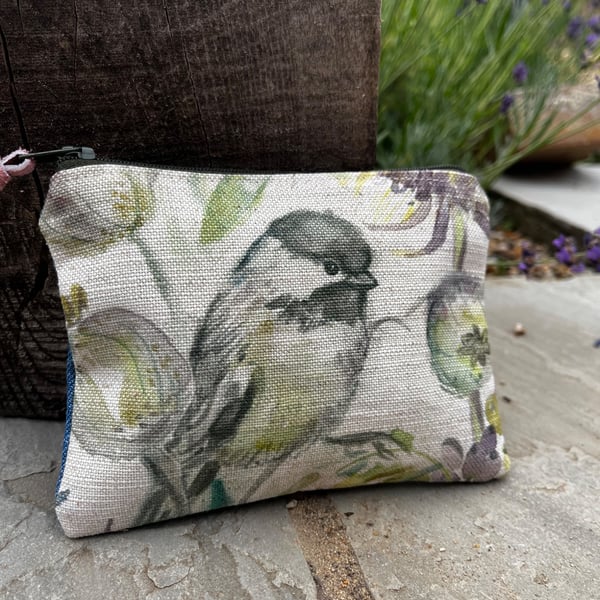 Great Tit cotton coin purse zip pouch with denim back