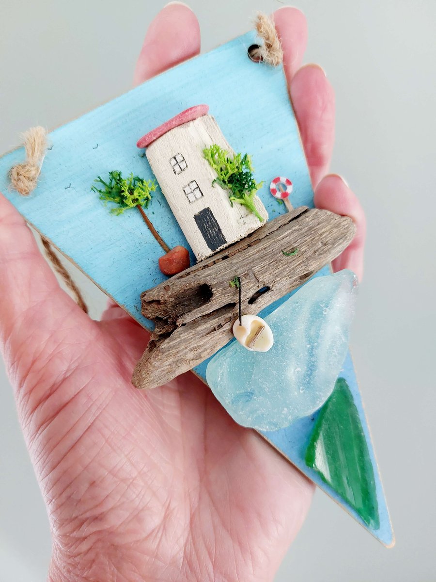 Driftwood Miniature House Hanging Decoration with Sea Glass