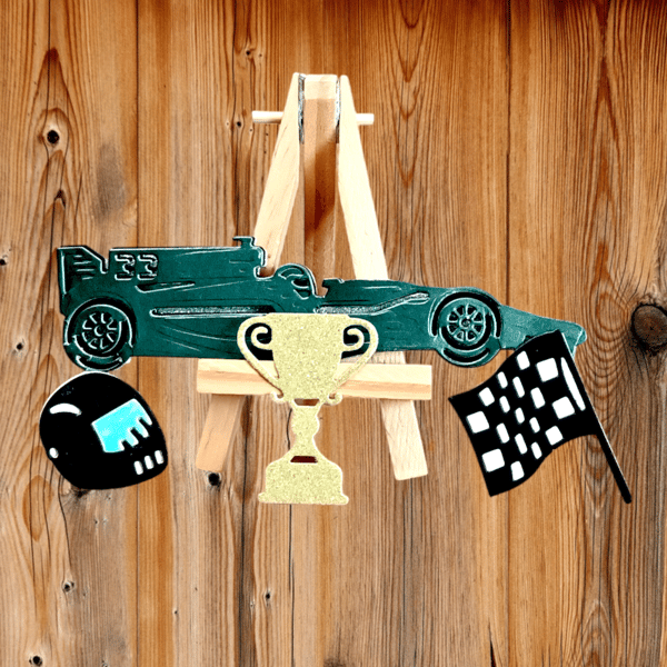 Unusual green racing car card topper