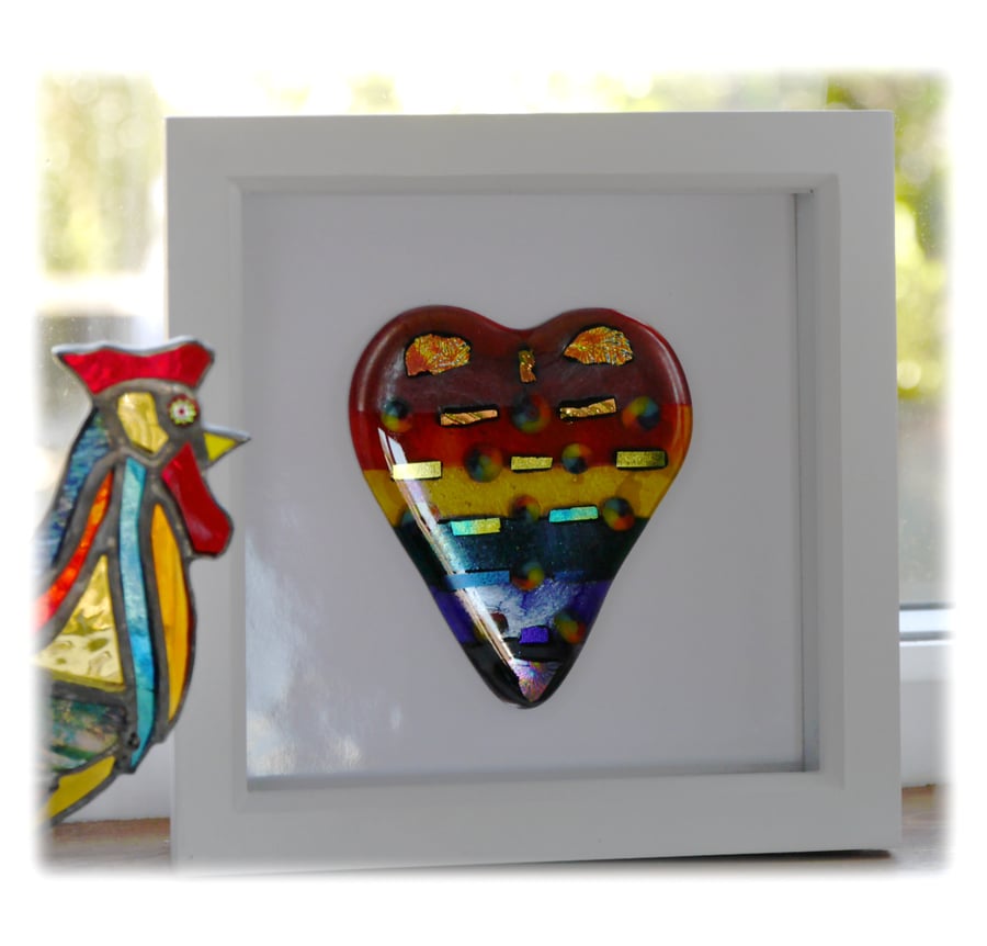 SOLD Rainbow Dichroic Heart in Box Frame Fused Glass Picture 001
