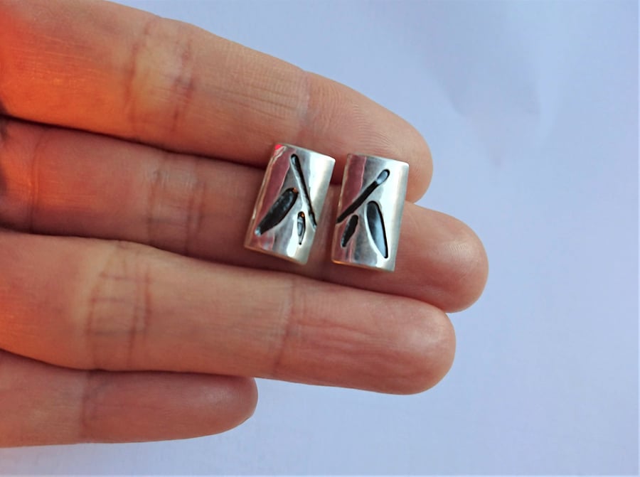Shuimo Bamboo Earrings, Handmade silver studs in Wales