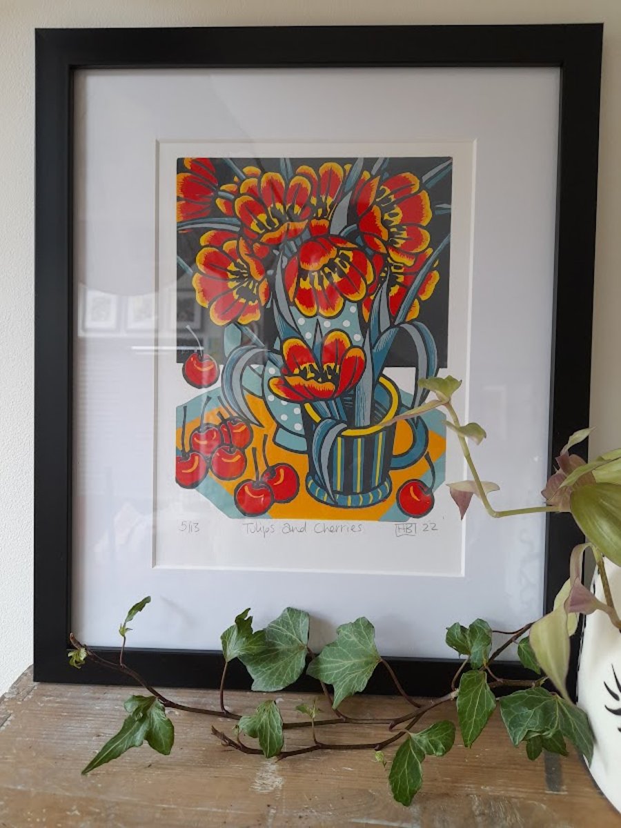 Original Limited Edition Linocut Print - 'Tulips and Cherries'