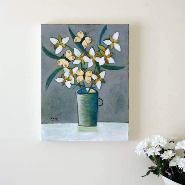 Original Still Life Painting with White Flowers and Yellow Butterflies