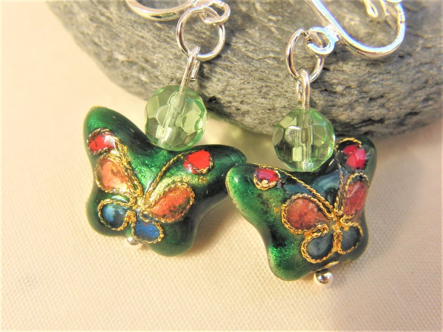 Clip On Green Butterfly Cloisonne Bead Earrings, Ladies Clip On Earrings